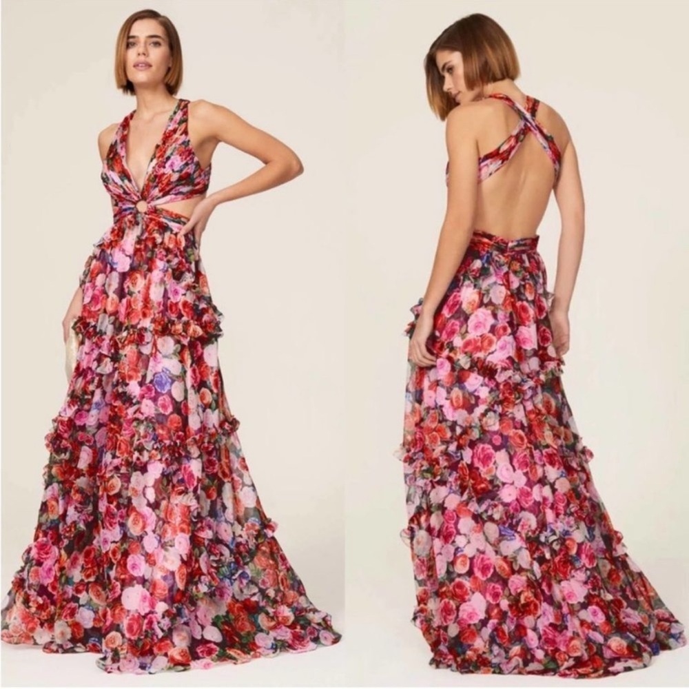 Mac Duggal 68076  Womens Ruffle Cut Out Sleeveless Floral Gown Dress